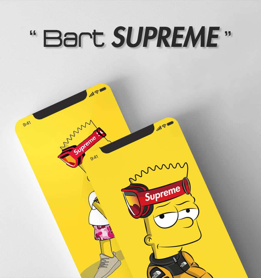 兩部手機在黃色背景上顯示戴著Supreme護目鏡的巴特·辛普森。 — 巴特·辛普森 壁紙