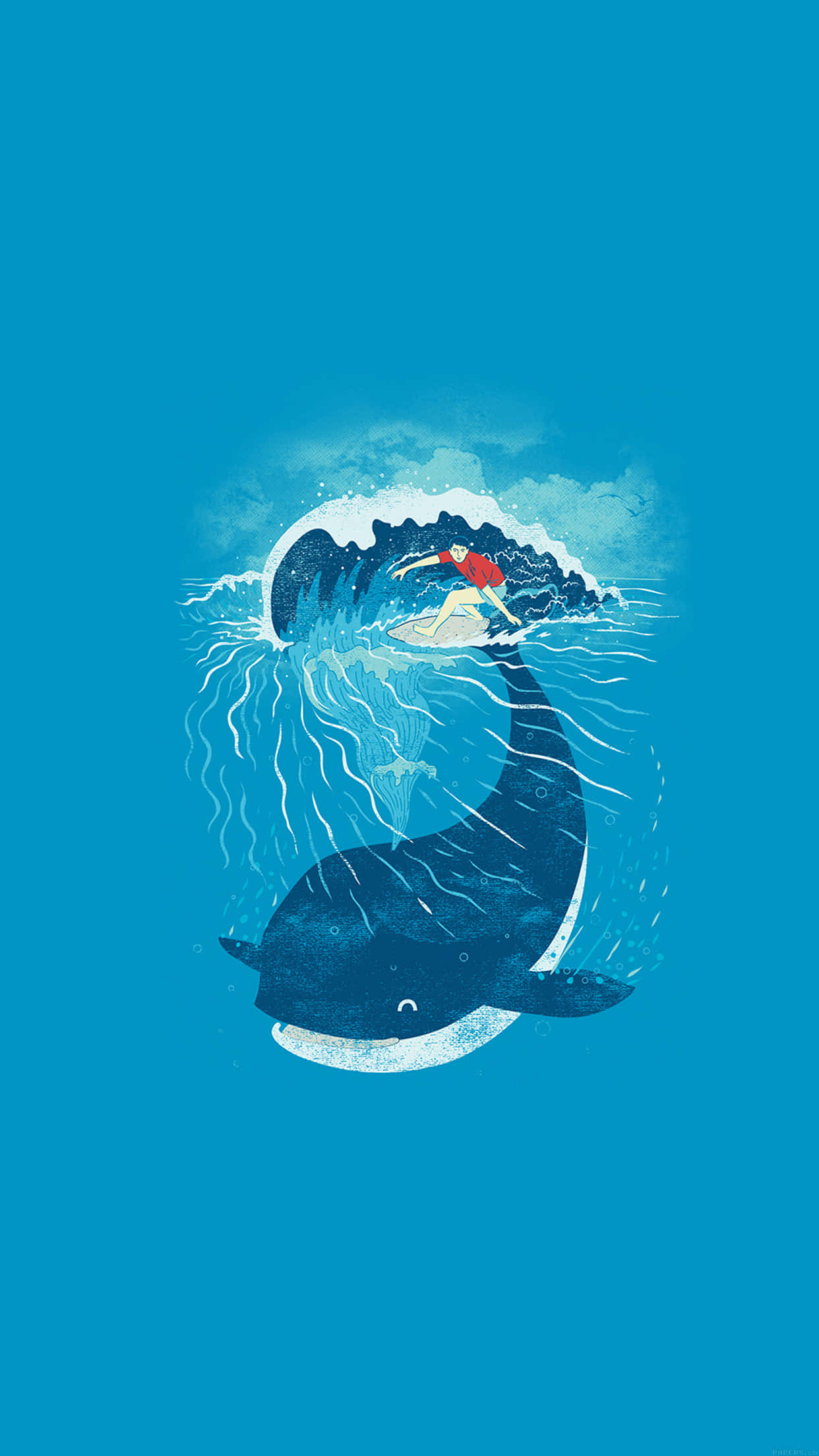 Minimalist Animal 桌布 壁紙 — 一名衝浪者在純藍色背景上乘著鯨魚背形狀的波浪。