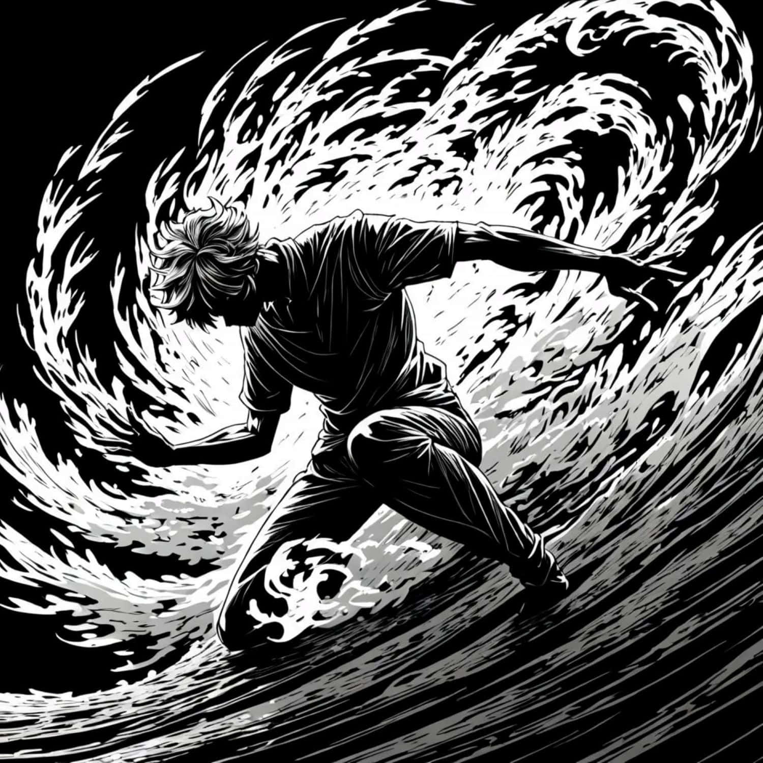  壁紙 — 一幅動態黑白插圖，描繪一位衝浪者騎乘巨大捲曲海浪，帶有強烈的動作線條。