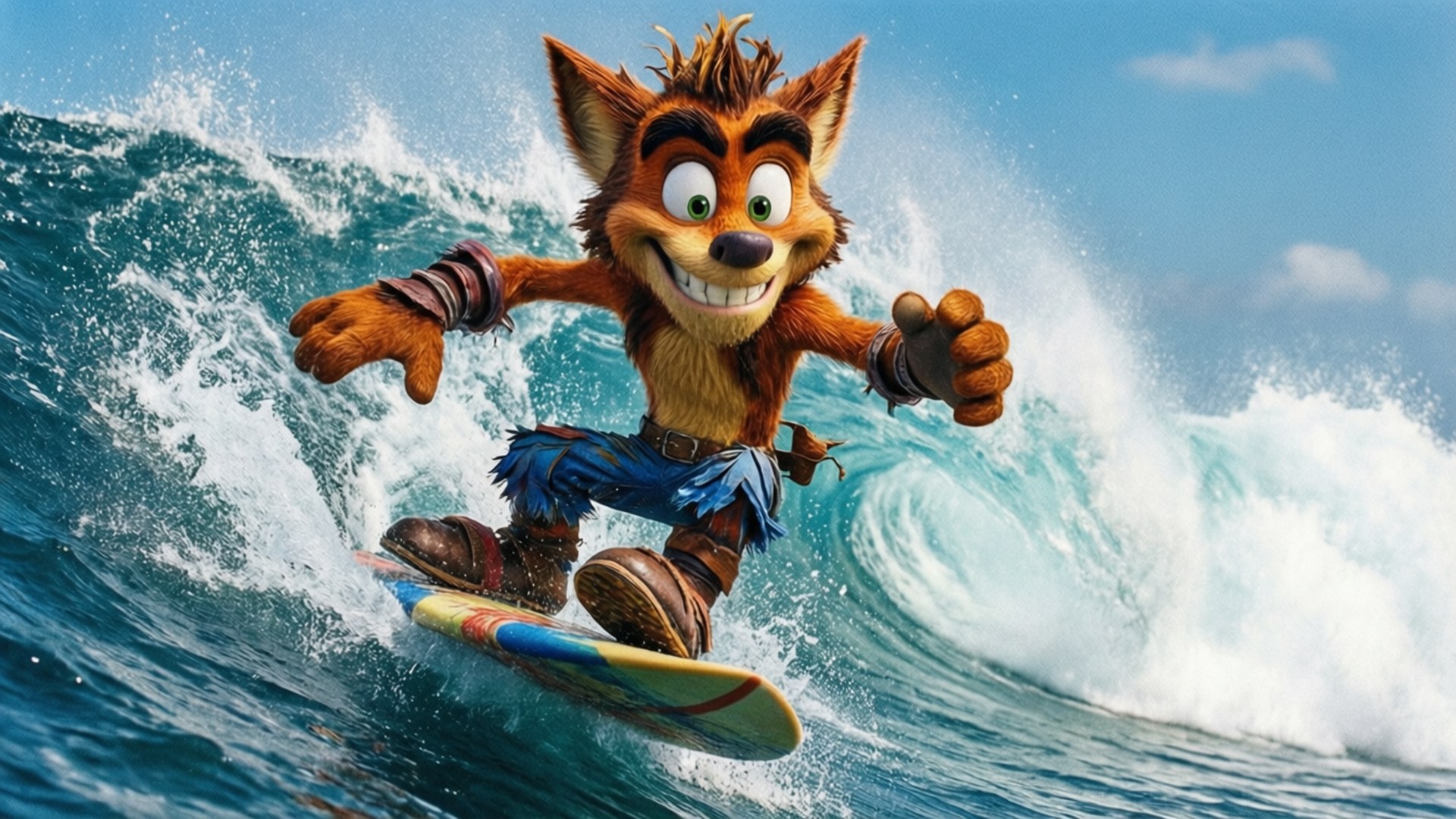 Surfing Crash 壁紙 — 卡通狐狸在巨大的海浪上衝浪，露出歡樂的笑容並伸展雙臂。