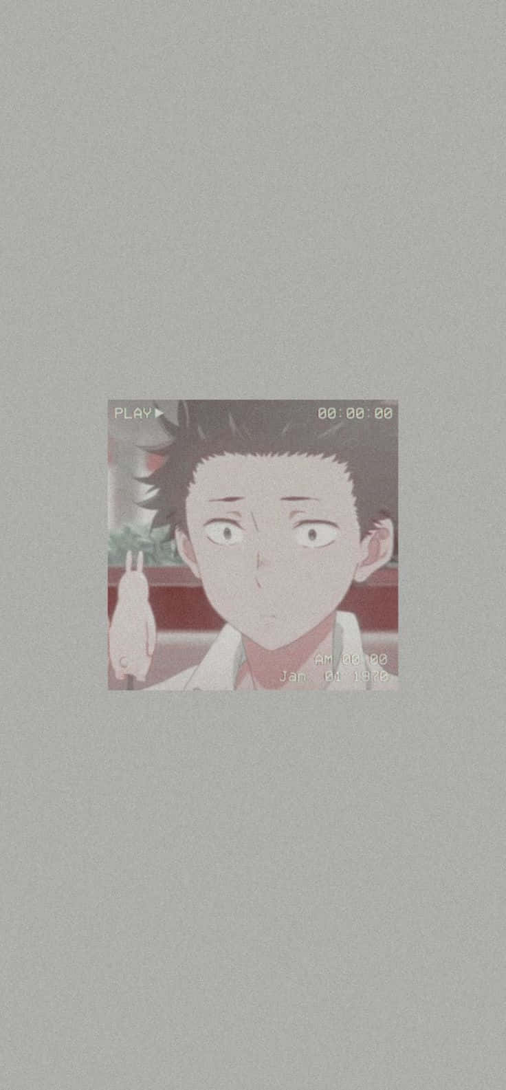  壁紙 — 一個驚訝的動漫男孩，頭髮尖刺，出現在灰色背景上的褪色視頻框中。