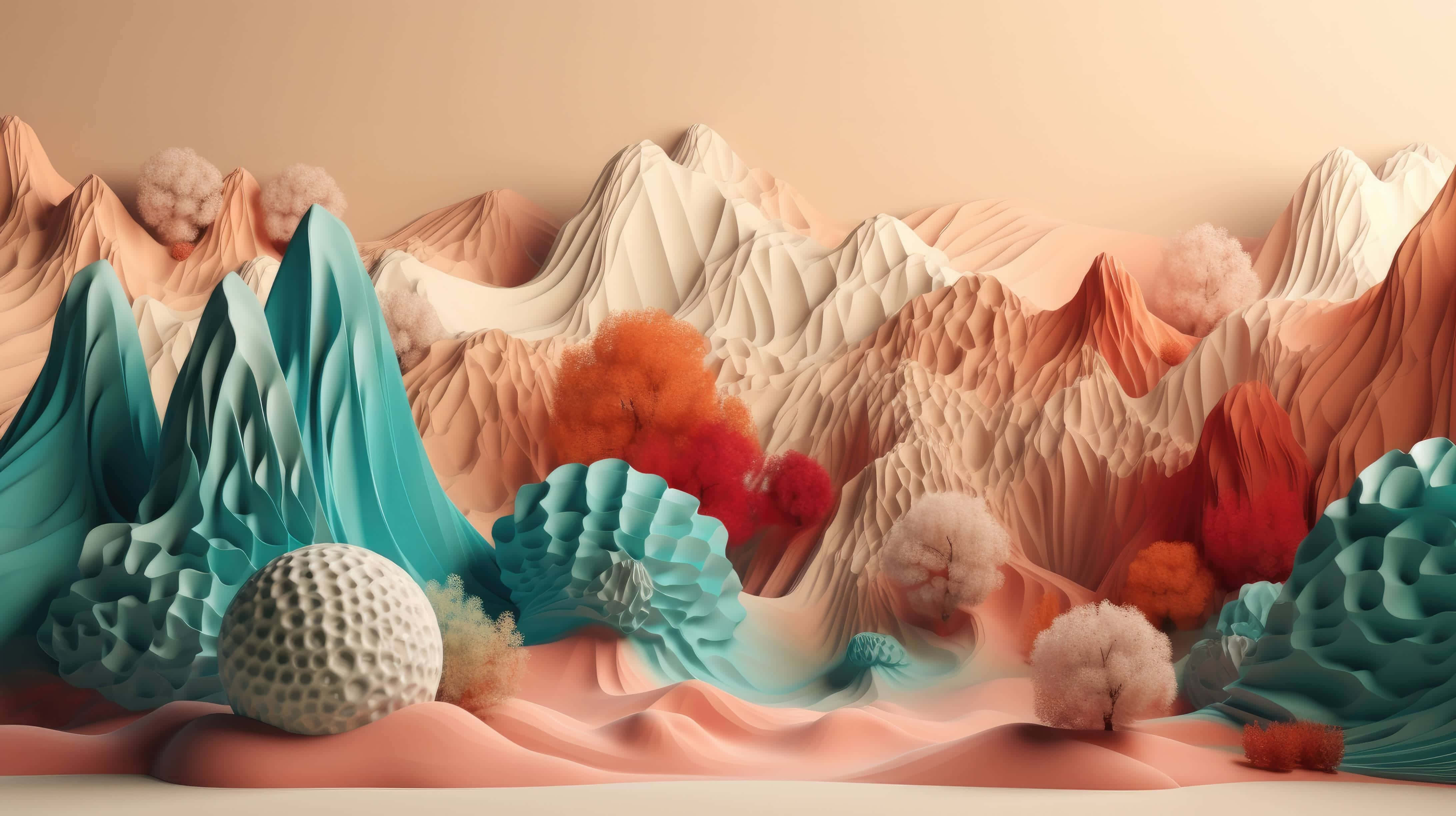 Abstract Landscape 桌布 壁紙 — 超現實的3D渲染景觀，層疊的山脈呈現珊瑚色、藍綠色和蜜桃色調，並包含一個高爾夫球和蓬鬆的雲朵狀形態。