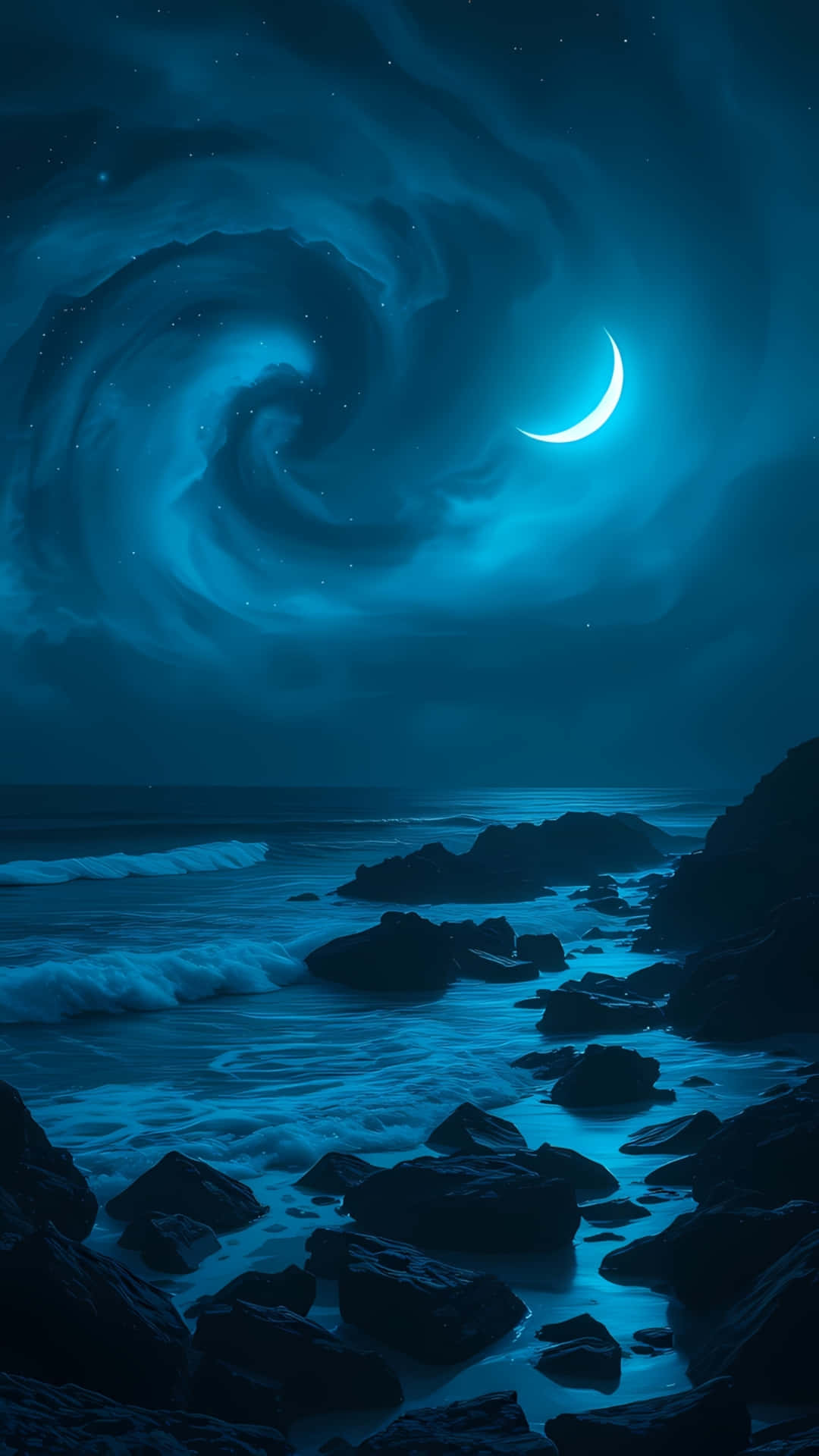 月光下的海浪在旋轉的藍色星雲和新月下拍打著黑暗的岩石。
