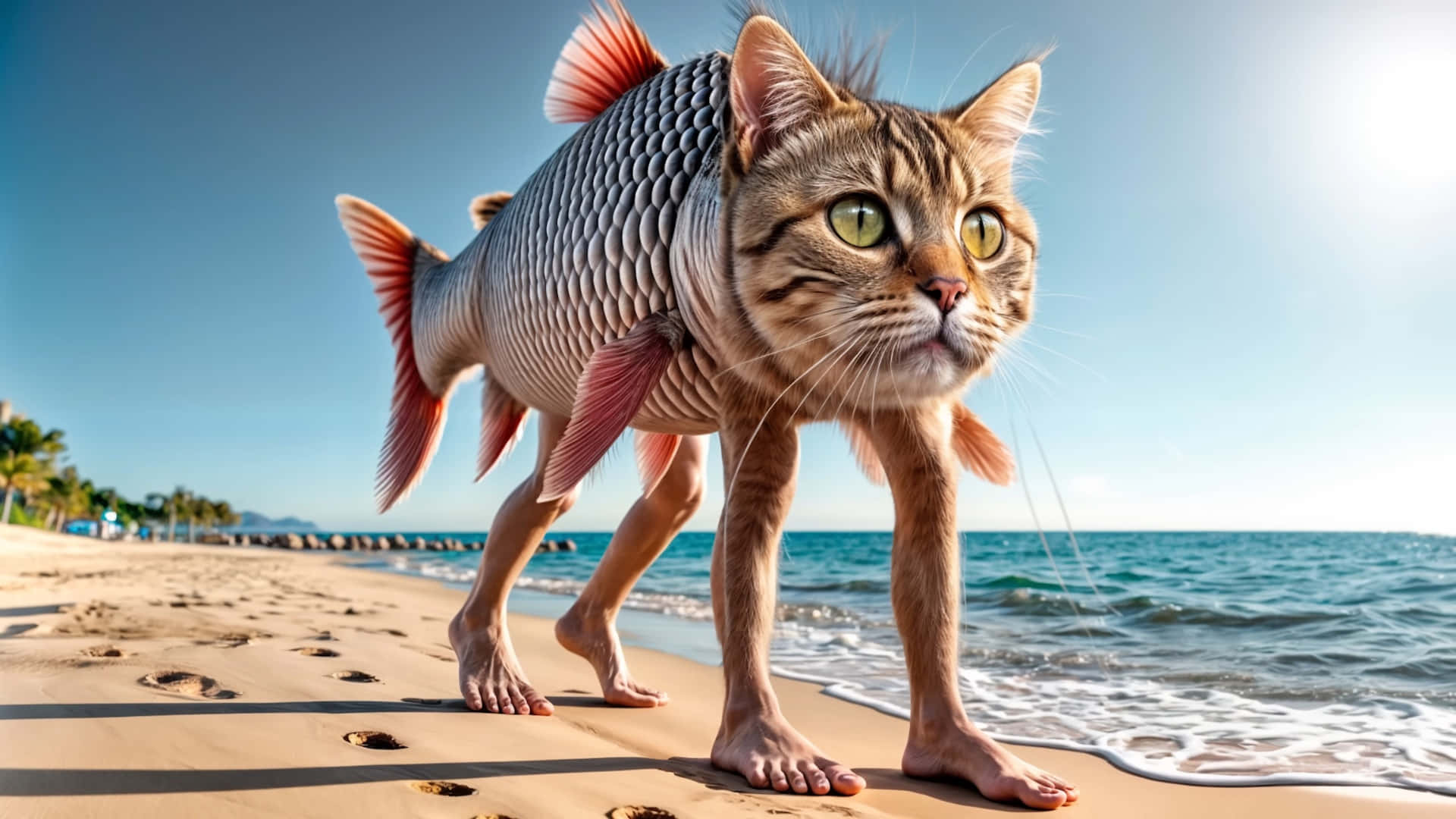  壁紙 — 一個超現實的鯰魚混合體，擁有貓頭和魚身，在明亮的陽光下於海邊的沙灘上行走。