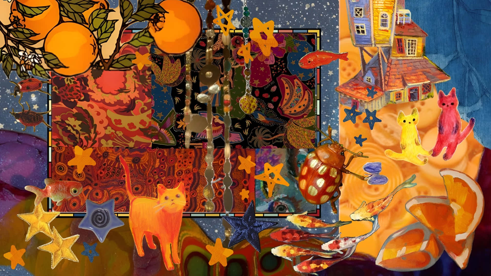  壁紙 — 一幅超現實拼貼畫，描繪鮮豔的橙子、貓咪、星星和奇幻的房屋漂浮在夢幻般的宇宙空間中。