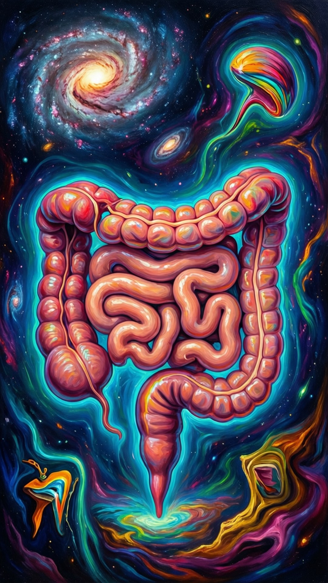 一條發光的粉紅色腸道漂浮在色彩繽紛的宇宙空間中，周圍有旋轉的星系和星雲。