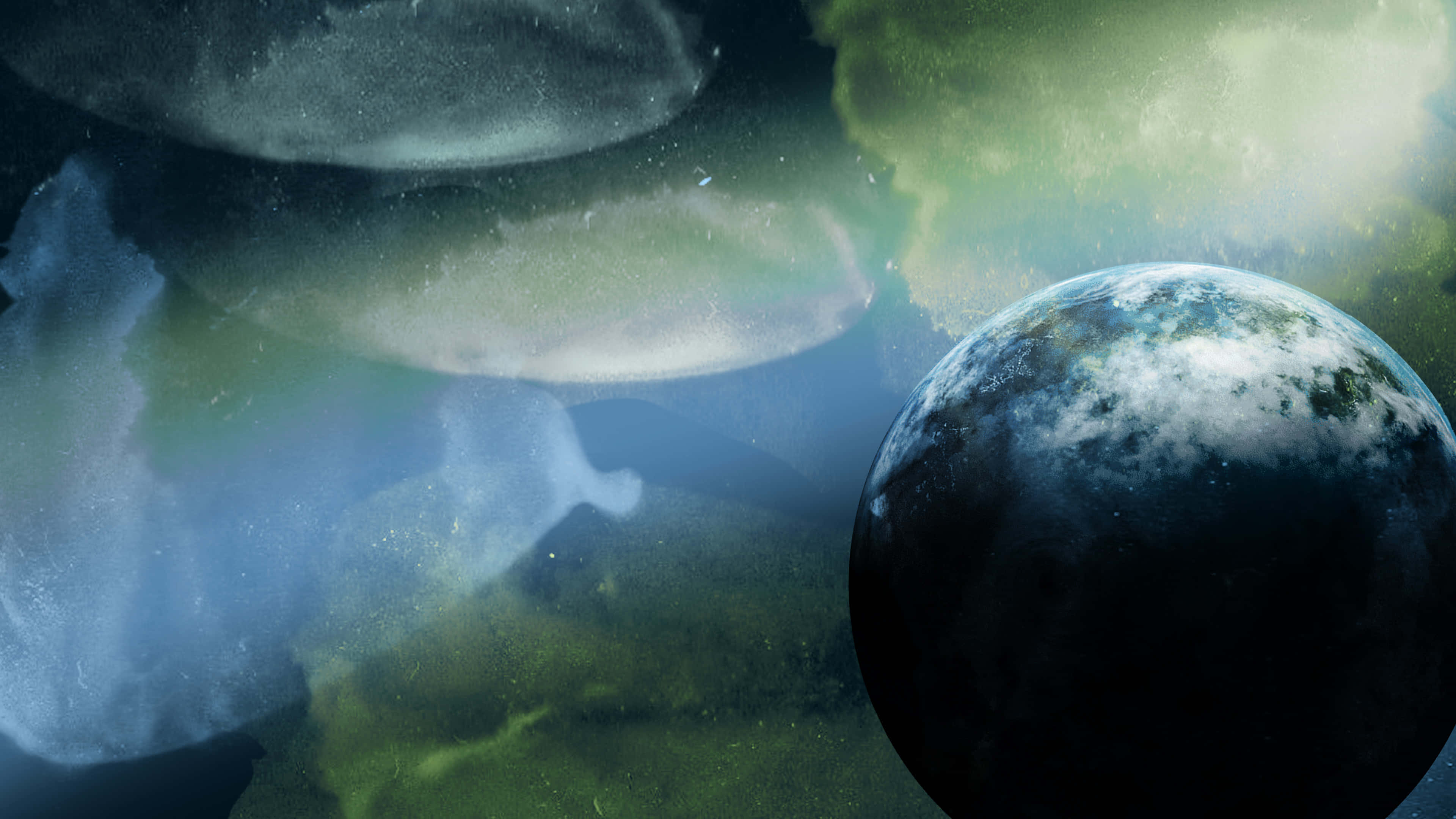 太空 桌布 壁紙 — 一個超現實的宇宙場景，一個詳細的藍白色行星漂浮在發光的綠色和藍色星雲以及半透明水母狀形態之間。