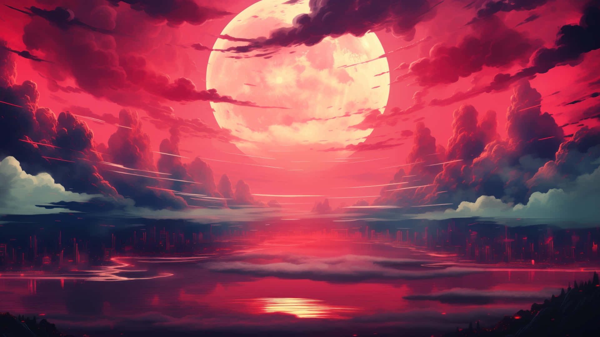  壁紙 — 超現實的深紅色天空，一輪巨大的發光月亮映照在霧氣瀰漫的水面上，下方是戲劇性的雲層。