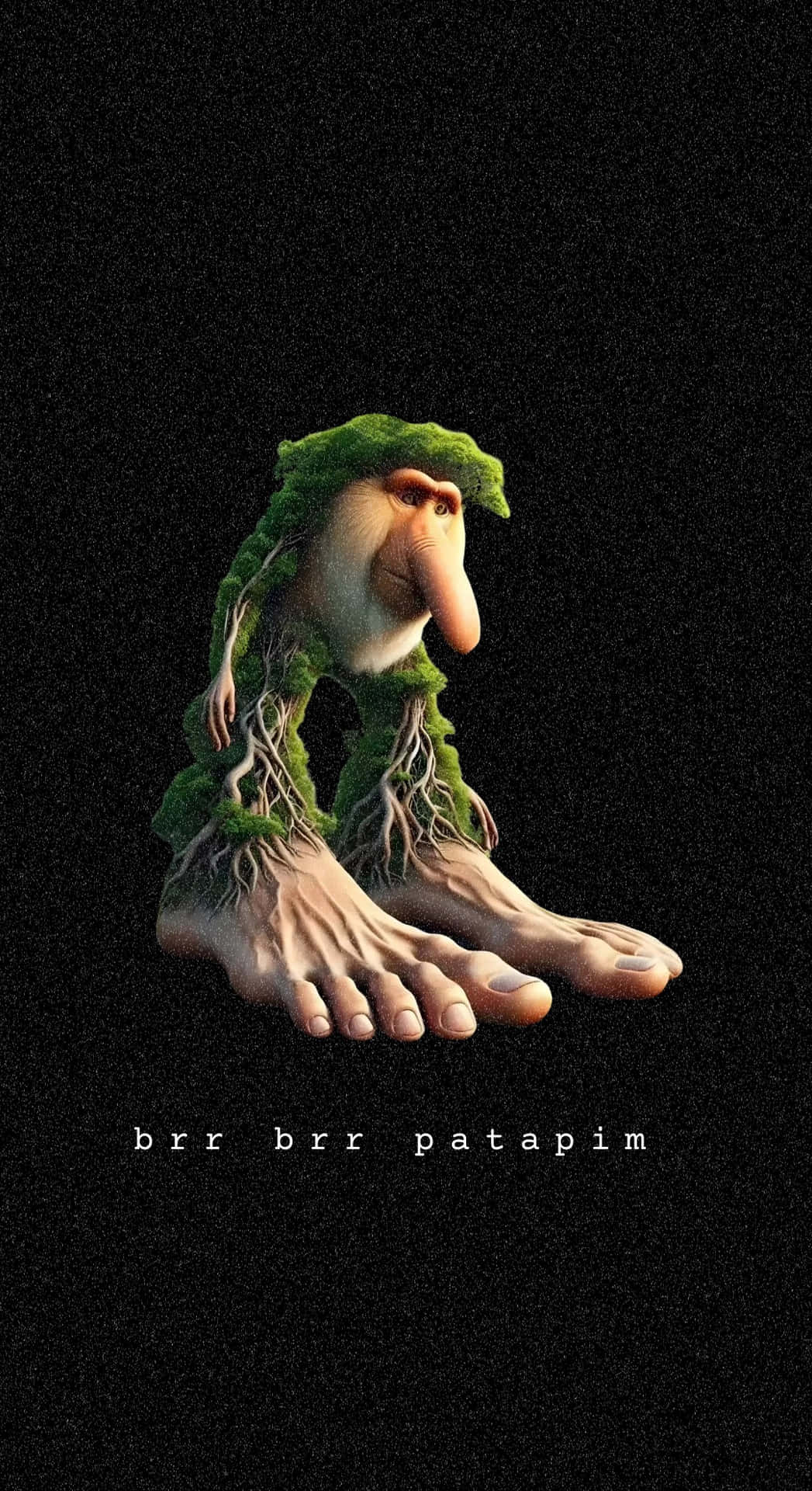  壁紙 — 一個超現實的數碼藝術人物，長著苔蘚綠的頭髮，身體長出根，赤腳坐在黑色背景前。