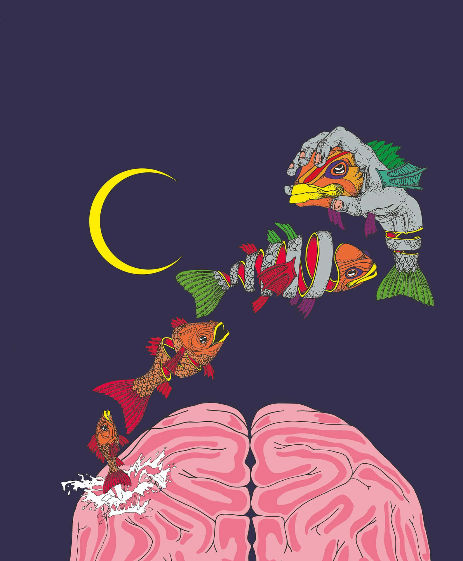  壁紙 — 一幅超現實的數碼插圖，展示魚從粉紅色的大腦中跳出，背景是深藍色，上方有黃色新月。