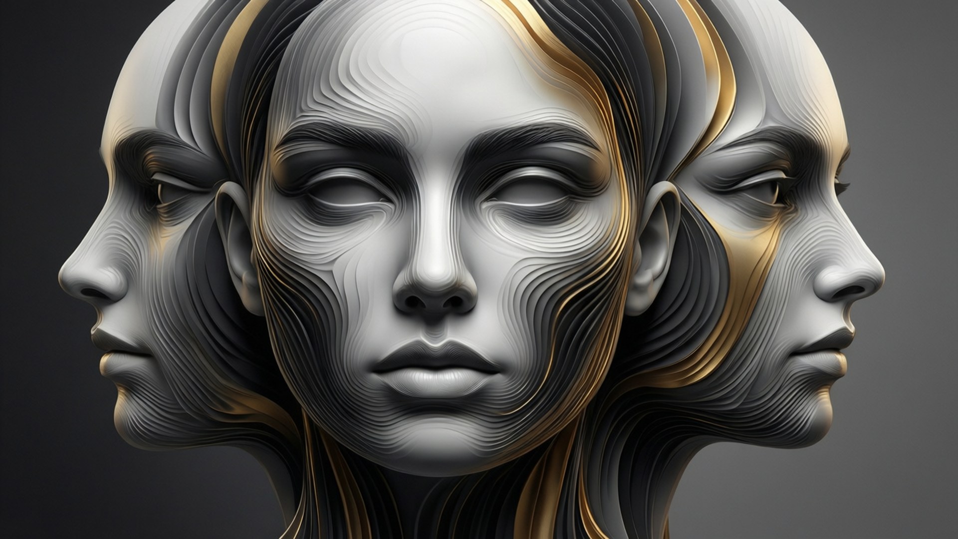 4D 桌布 壁紙 — 一個超現實的數碼肖像，描繪女性臉龐，以層疊流動的金色和銀色線條在深灰色背景上創造多重輪廓。