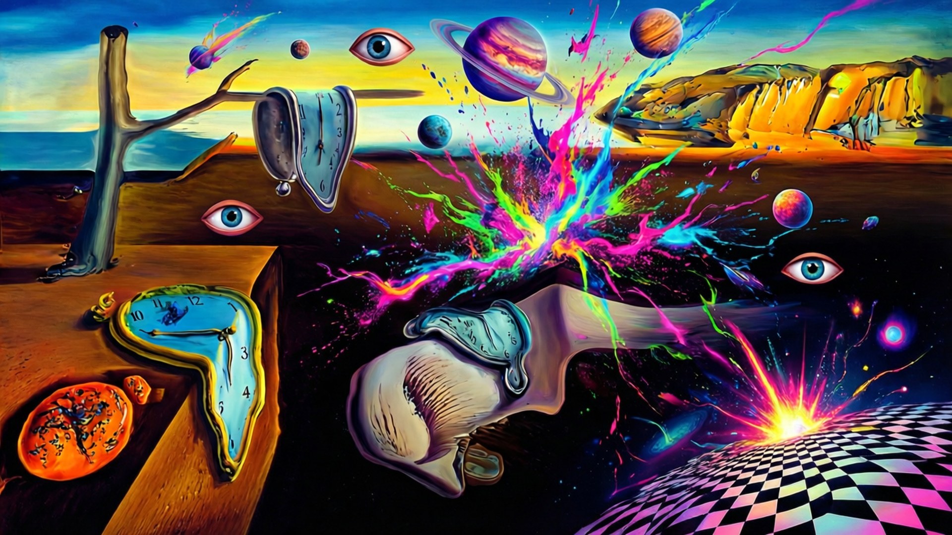 超現實場景，棋盤地面上有融化的時鐘、眼睛、行星和彩色爆炸。