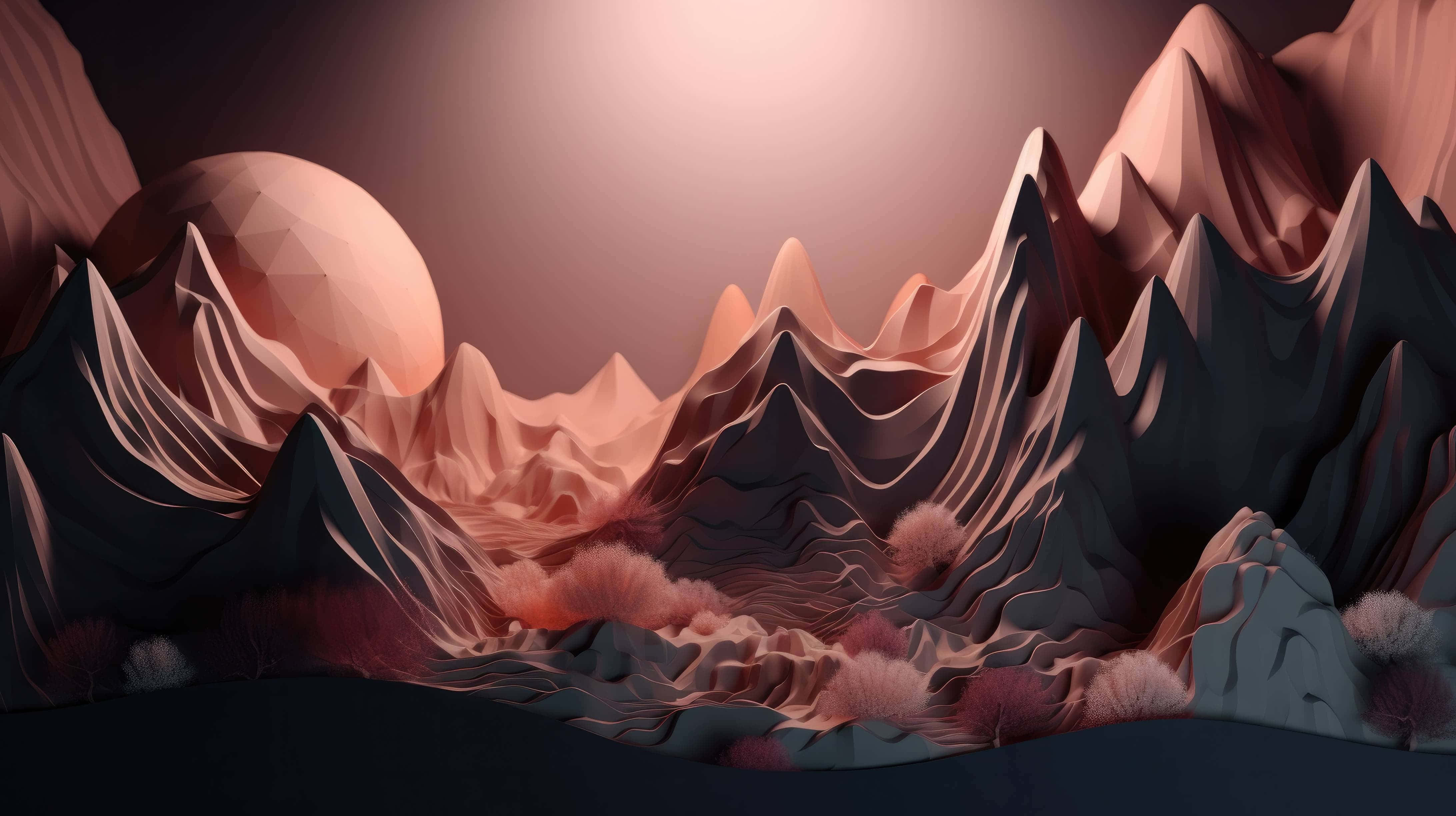 Abstract Landscape 桌布 壁紙 — 一個超現實的低多邊形山景，沐浴在溫暖的粉紅色和紫色光線中，天空中懸掛著一個巨大的幾何月亮。