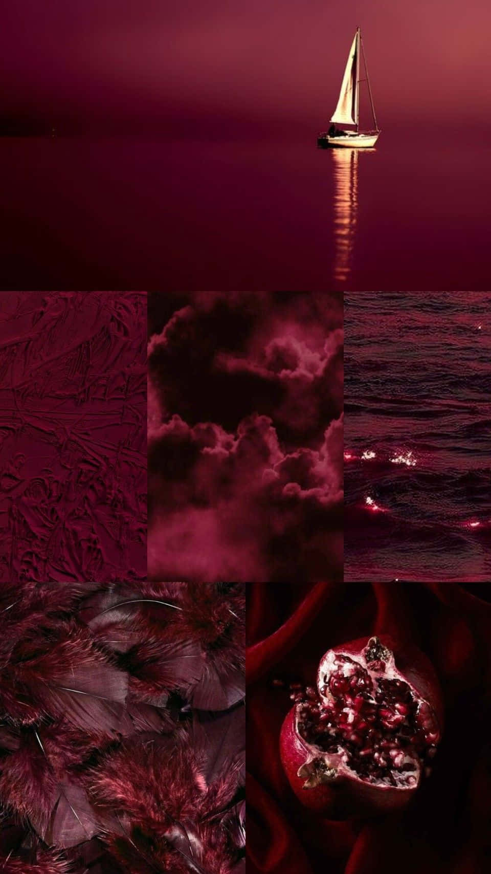  壁紙 — 一幅超現實的洋紅色調拼貼畫，以夢幻的暮色天空為背景， featuring 水上的帆船、暴風雲、羽毛和一個石榴。