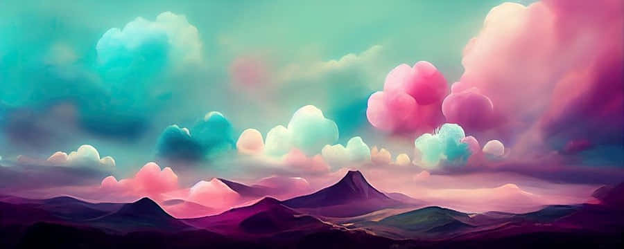 Abstract Landscape 桌布 壁紙 — 一個超現實的山脈沐浴在暮色中，粉彩粉紅和藍綠色的雲朵漂浮在上方。