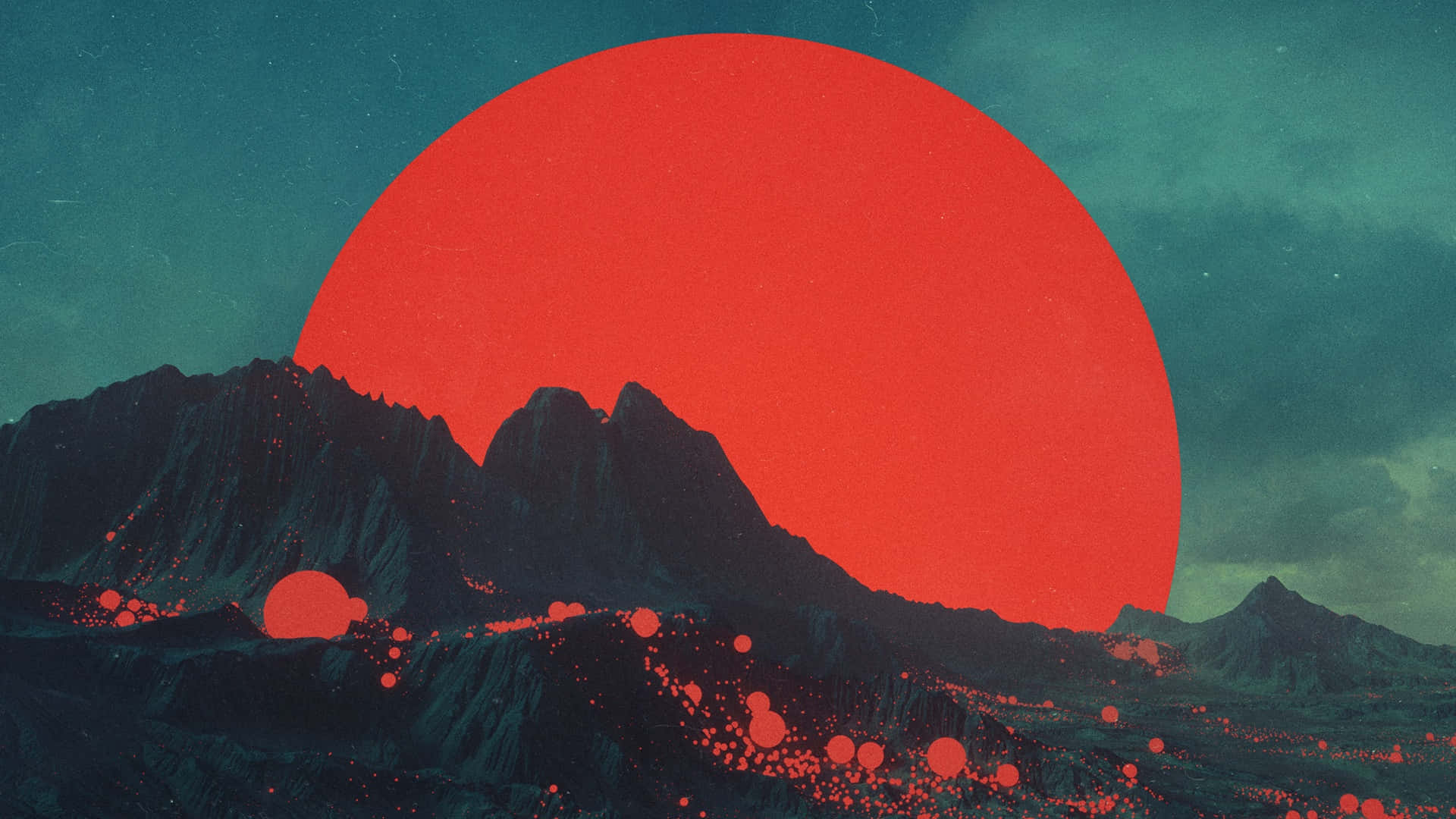  壁紙 — 超現實的山脈輪廓映襯著巨大的紅色太陽，前景散落著發光的紅色球體。