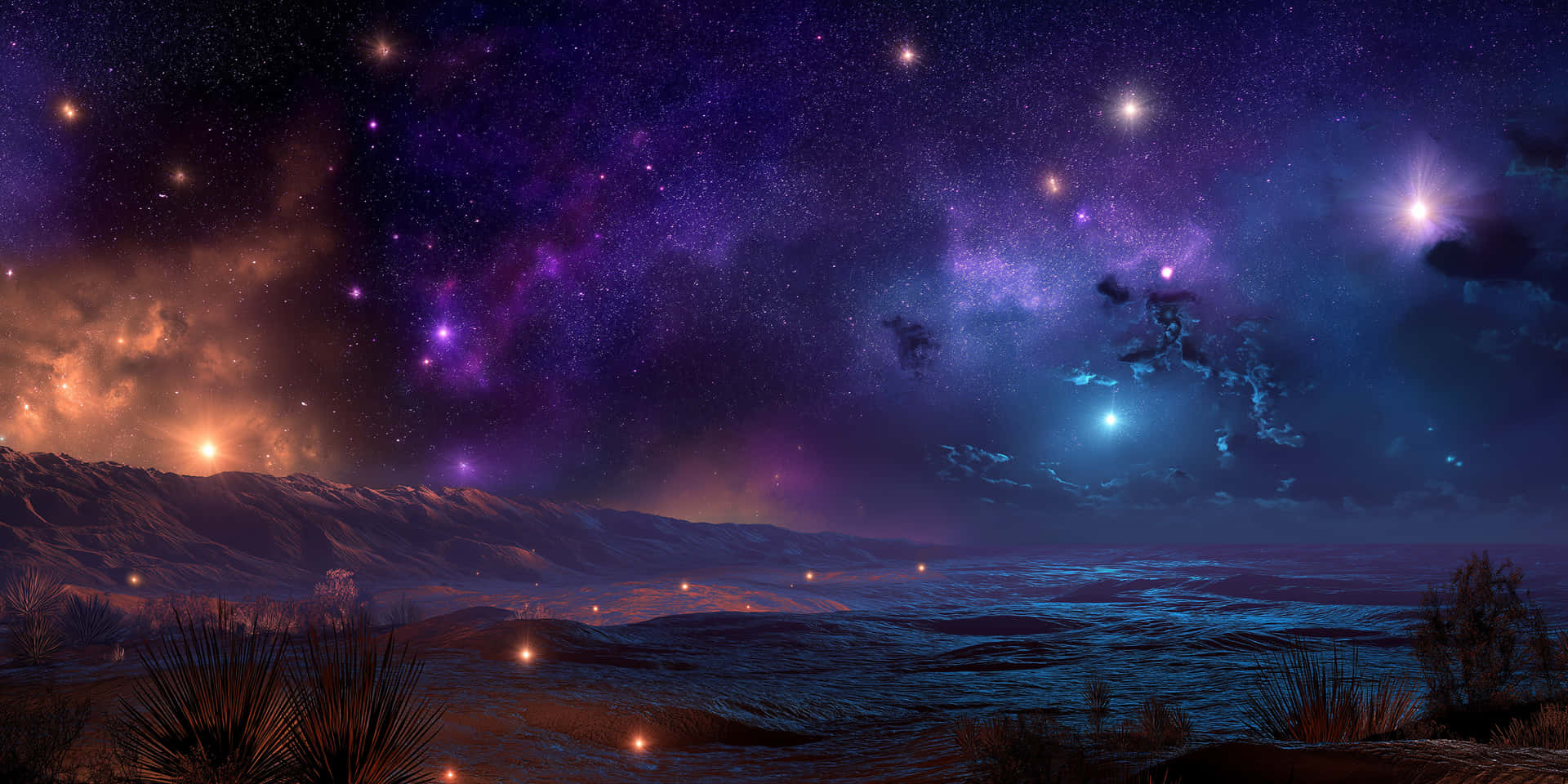Surreal Nightscape Beneath a Starry Cosmic Sky 壁紙 — 沙漠景觀，在充滿紫色星雲、發光星星和地平線上遙遠光芒的充滿活力的宇宙天空下。