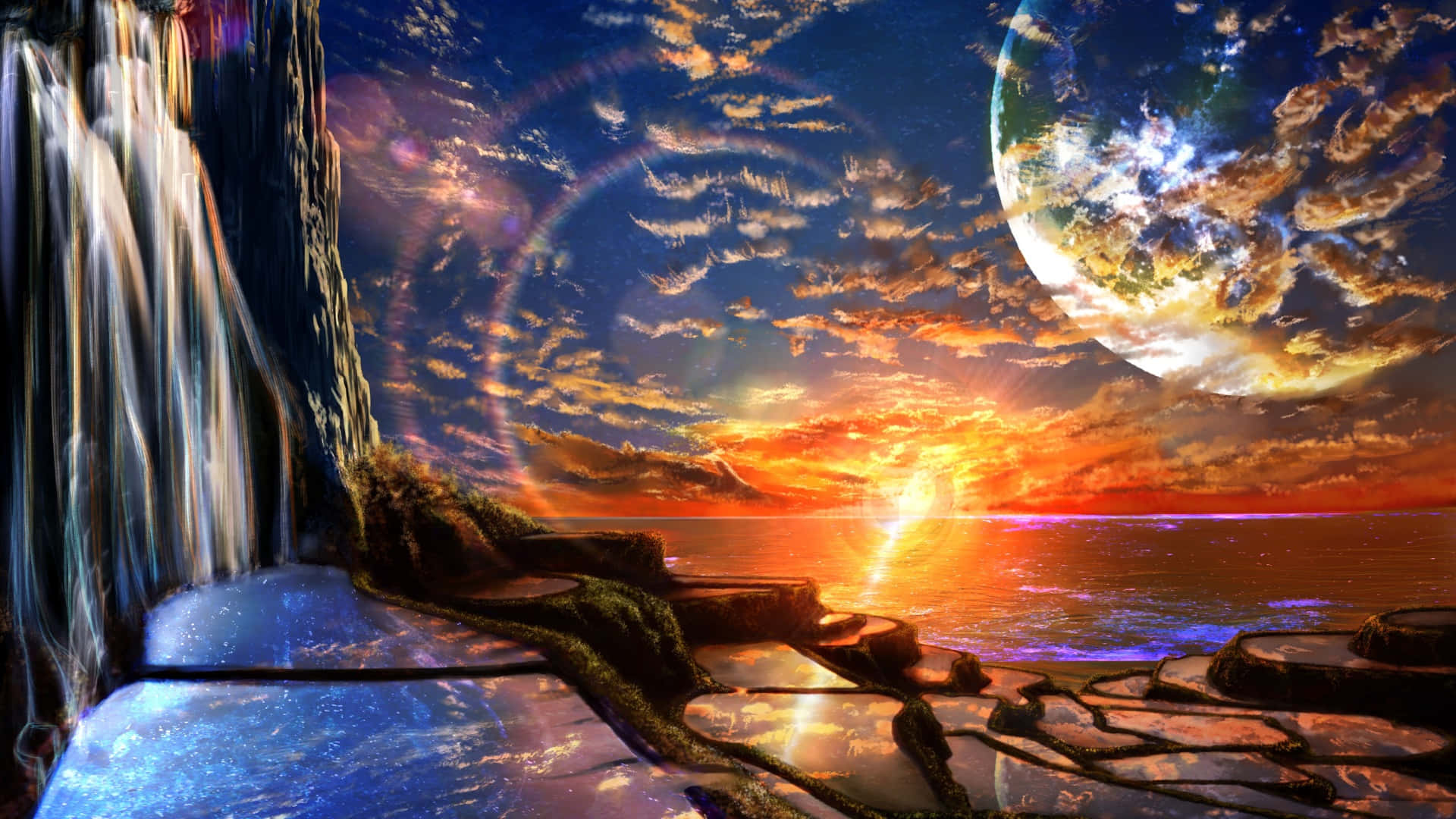  壁紙 — 一個超現實的瀑布在發光的石徑旁邊傾瀉而下，一顆行星在日落時分從火紅的海洋上升起。