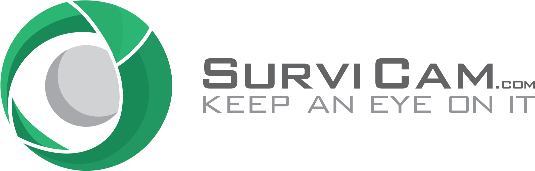 Survicam 公司標誌 壁紙 — 一個時尚的綠色和白色圓形標誌，帶有文字 Survicam.com 和 Keep an Eye on It，背景為黑色。
