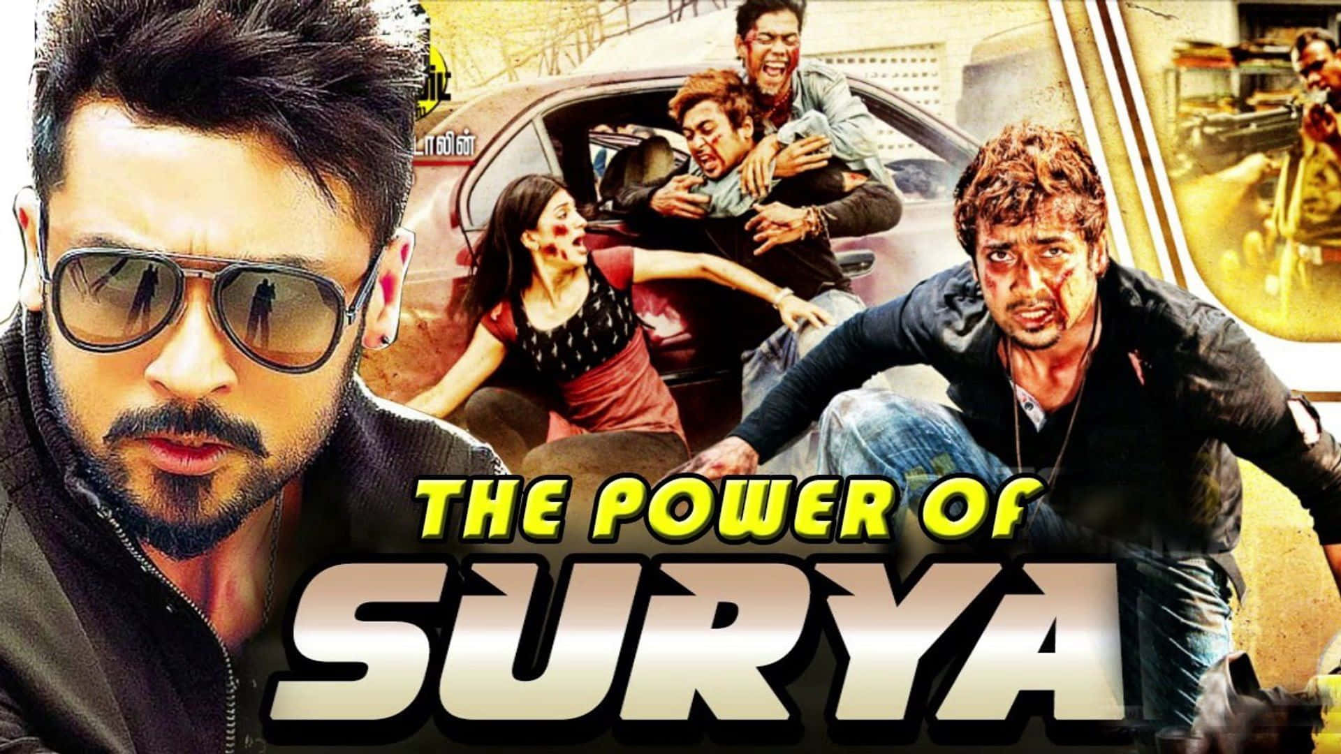 《Surya The Soldier》的強大氣勢 壁紙 — 一張充滿活力的寶萊塢動作海報， featuring 激烈的演員在混亂的汽車追逐中，搭配戲劇性的燈光和粗體文字。