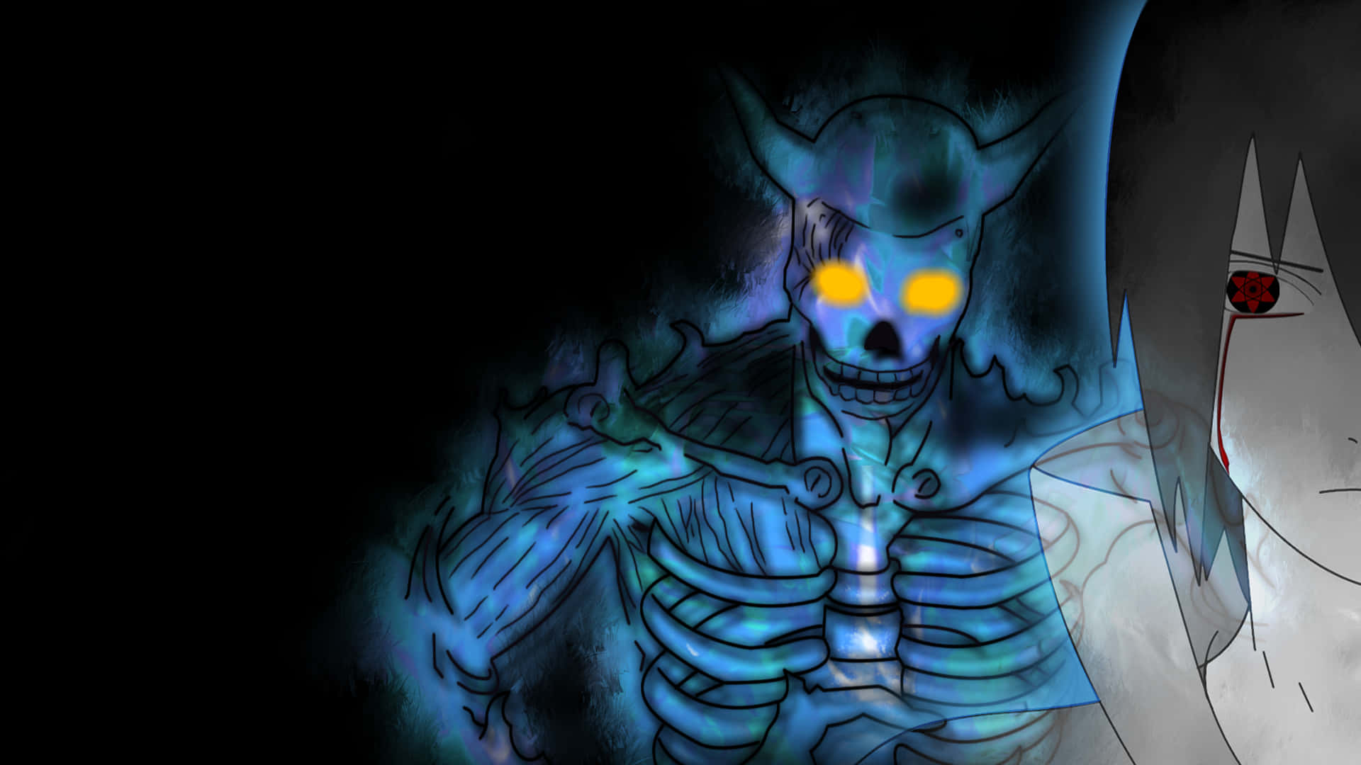 卡卡西 Susanoo 釋放強大威力 壁紙 — 一個發光的藍色骷髏惡魔，黃色眼睛，在黑暗中逼近一個戴面具、有紅色眼睛的動漫角色旁邊。