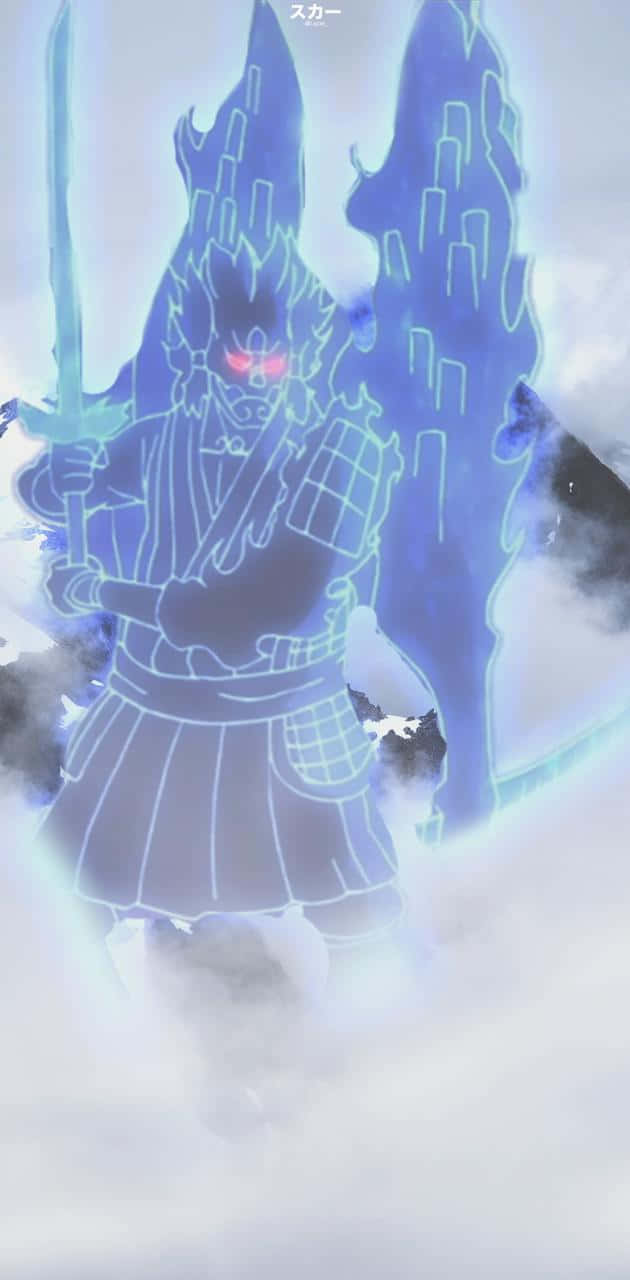 強大的 Susanoo，由木葉村的卡卡西召喚的神靈 壁紙 — 一個發光的藍色動漫戰士，擁有紅色眼睛和劍，站在旋轉的雲層和鋸齒狀的能量形成中。