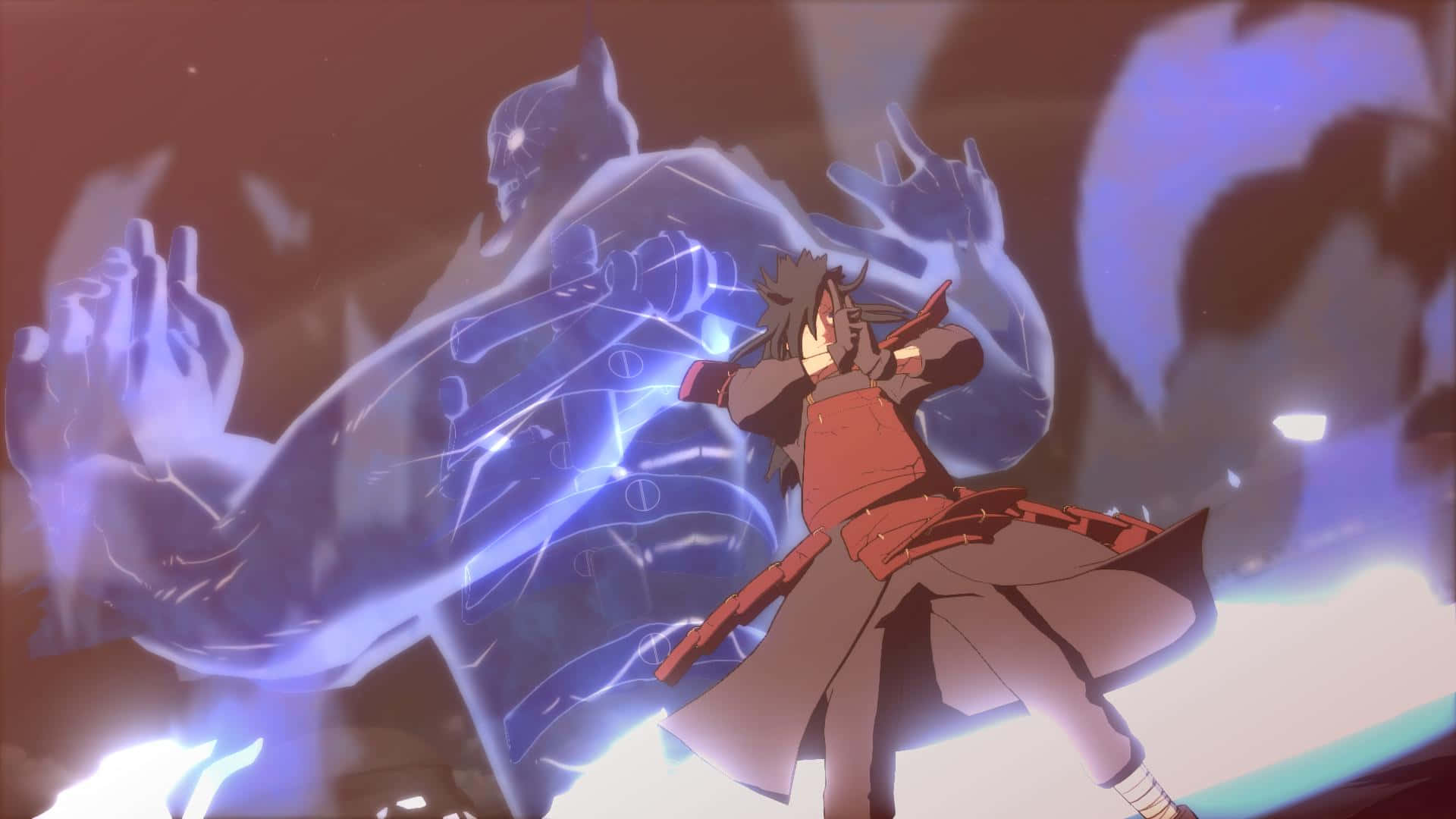 奧比特· Susanoo 壁紙 — 一位身穿紅色斗篷的動漫戰士，在溫暖的黃昏天空下，引導發光的藍色查克拉召喚出半透明的巨型影分身。