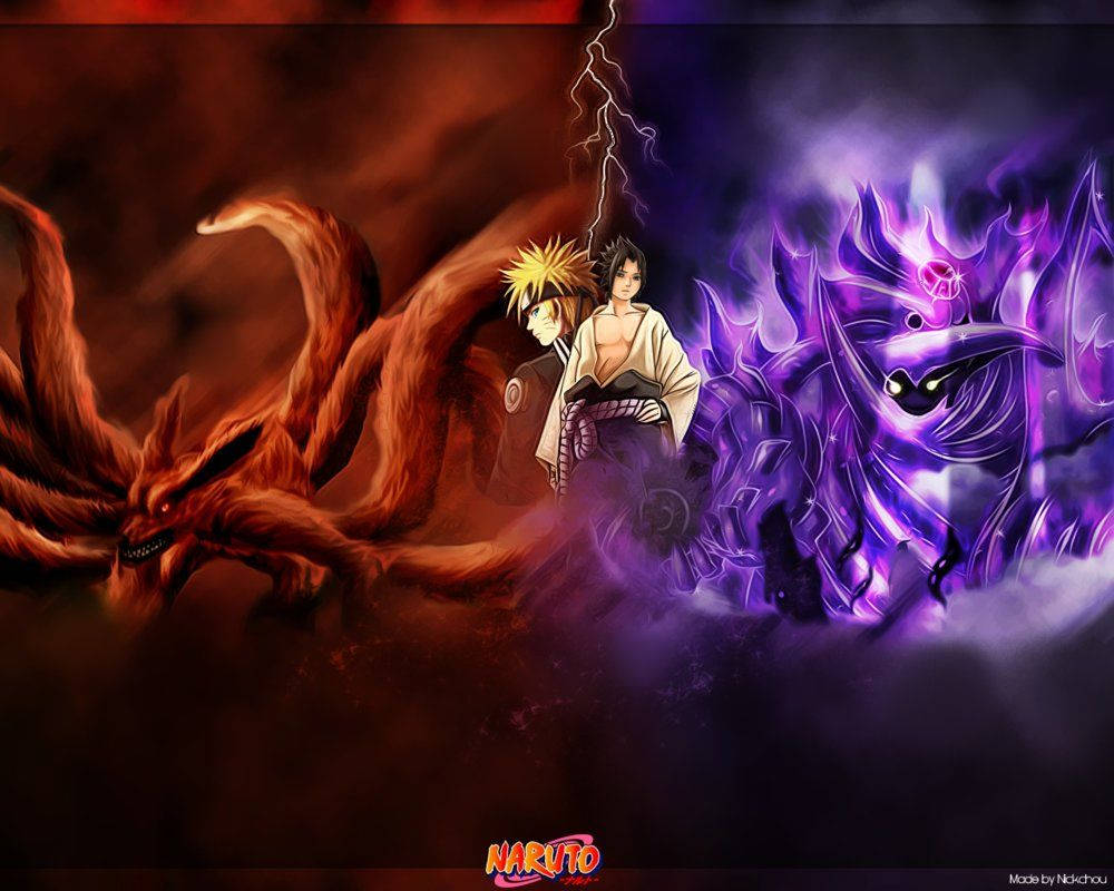 酷炫的鳴人九尾與佐助 Susanoo 壁紙 — 兩個動漫角色站在火橙色九尾狐和威脅性的紫色九尾惡魔之間，處於暴風雨的戰鬥場景中。