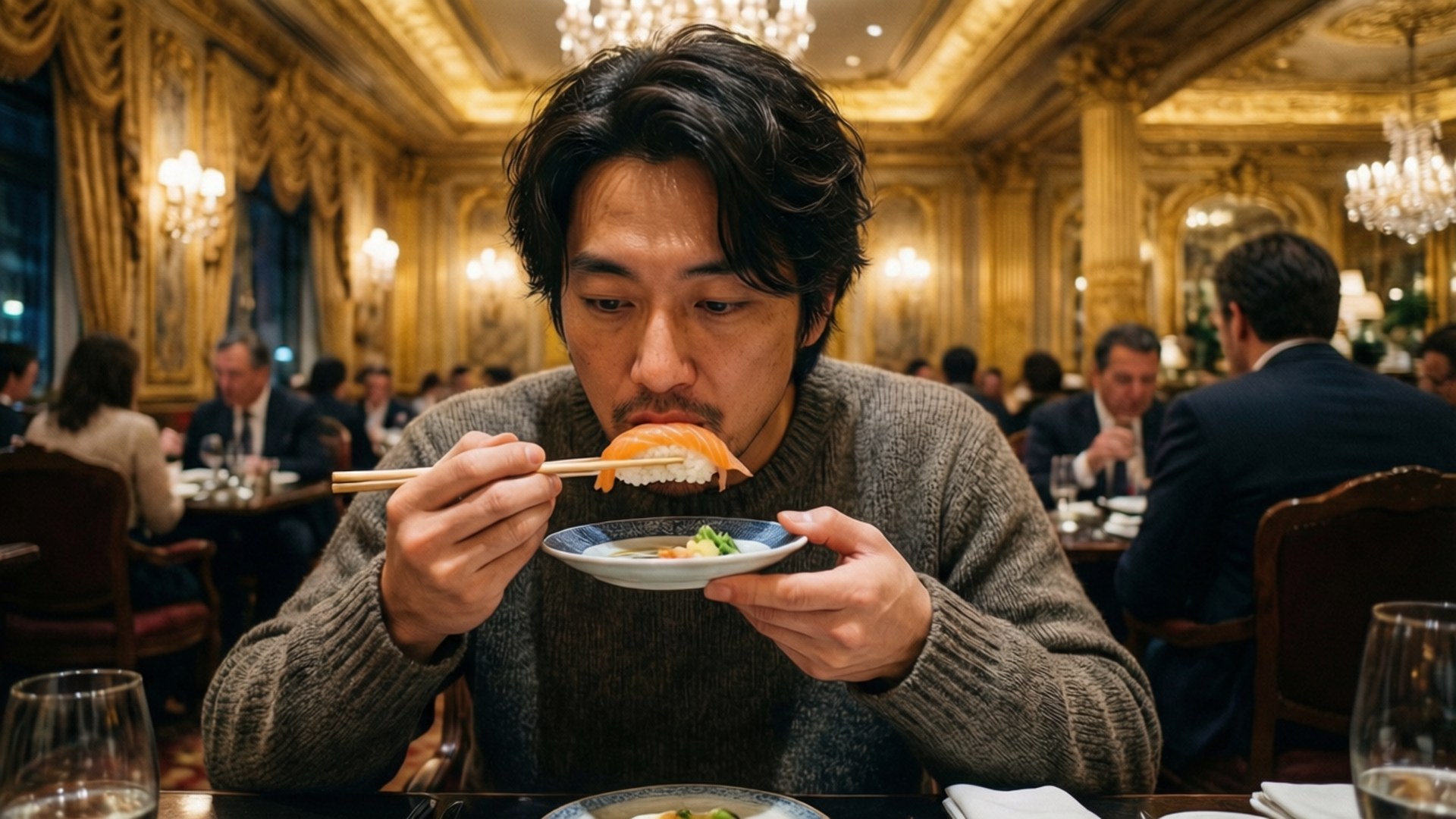 男子在豪華金色餐廳用筷子吃壽司