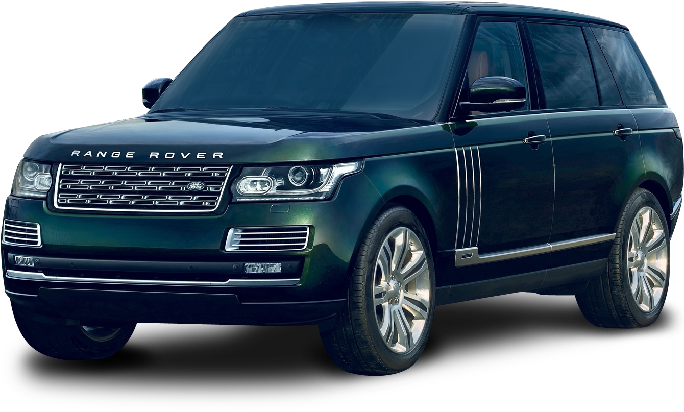 豪華路虎SUV 壁紙 — 一輛時尚的深綠色 Range Rover SUV 在攝影棚燈光下，在純黑色背景上閃閃發光。