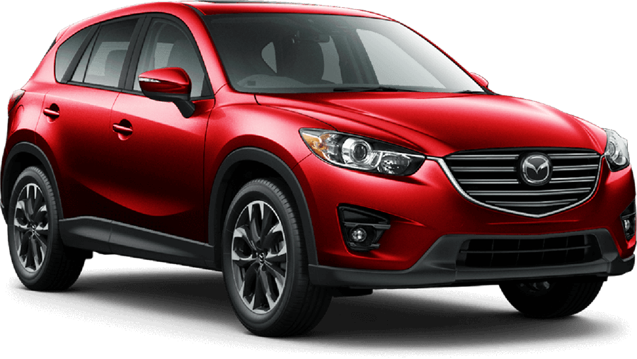 紅色馬自達跨界SUV 壁紙 — 一輛亮紅色Mazda CX-5 SUV以四分之三正面視角展示在純黑色背景上。