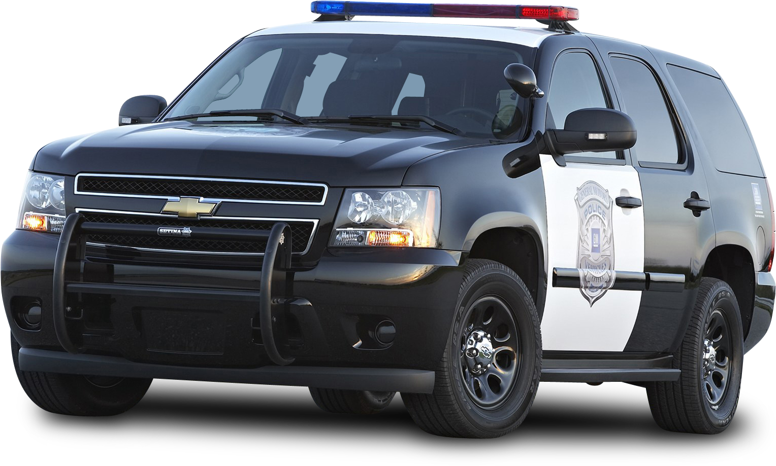 警用SUV車輛透明背景 壁紙 — 一輛黑白警用SUV，帶有閃燈和側面的徽章標誌。