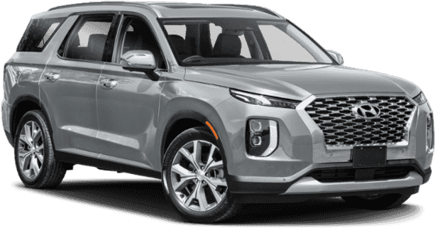 銀色現代SUV側面視圖 壁紙 — 一輛時尚的銀色Hyundai Palisade SUV在工作室燈光下以純白背景展示。