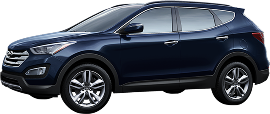 藍色現代SUV側面視圖 壁紙 — 一輛時尚的深藍色Hyundai Santa Fe SUV在黑色背景上以側面展示，帶有鍍鉻裝飾和合金輪圈。