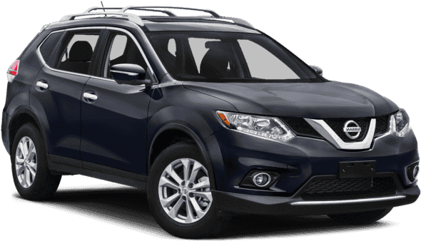 藍色尼桑SUV側面視圖 壁紙 — 時尚深藍色日產Rogue SUV，配備車頂行李架和銀色合金輪圈，在工作室燈光下展示。