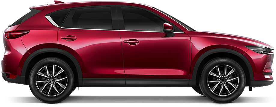 紅色馬自達跨界SUV側面視圖 壁紙 — 一輛時尚的紅色Mazda CX-5 SUV在黑色背景上以側面展示，具有光澤飾面和銀色合金輪圈。