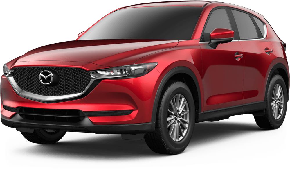 紅色馬自達跨界SUV 壁紙 — 一輛光澤的紅色Mazda CX-5 SUV在黑色背景上以白色反射的攝影棚燈光下展示。