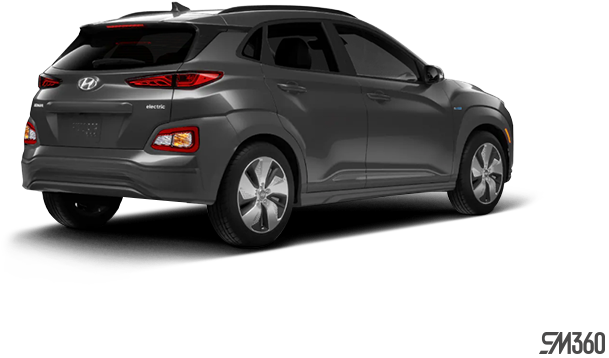 現代化灰色現代電動SUV後視圖 壁紙 — 一輛時尚的灰色現代 Kona 電動 SUV 以黑色背景展示後方四分之三視角。