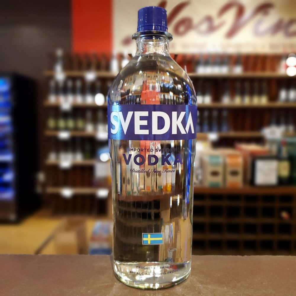 Svedka伏特加酒樽喺舖頭櫃枱，後面有酒樽貨架