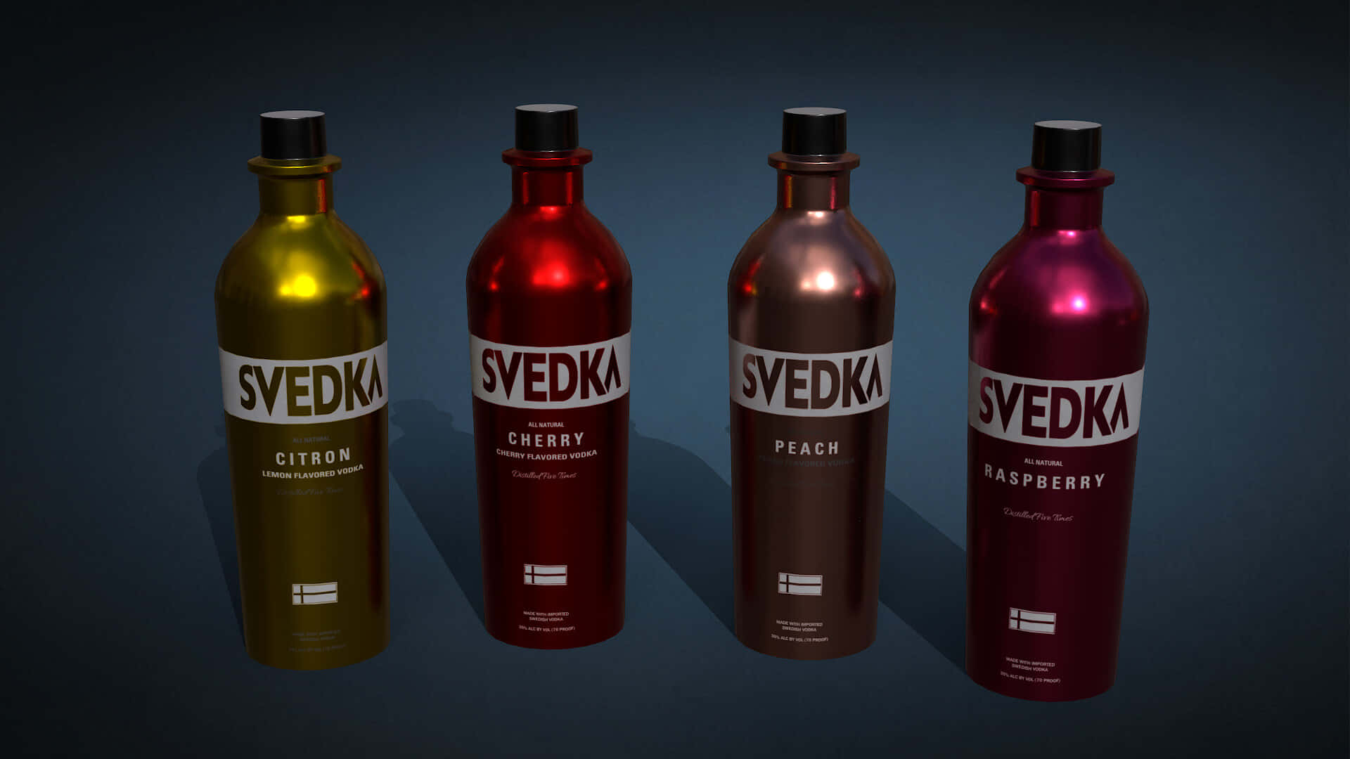 四支Svedka調味伏特加酒瓶，顏色為檸檬、櫻桃、蜜桃和覆盆子。