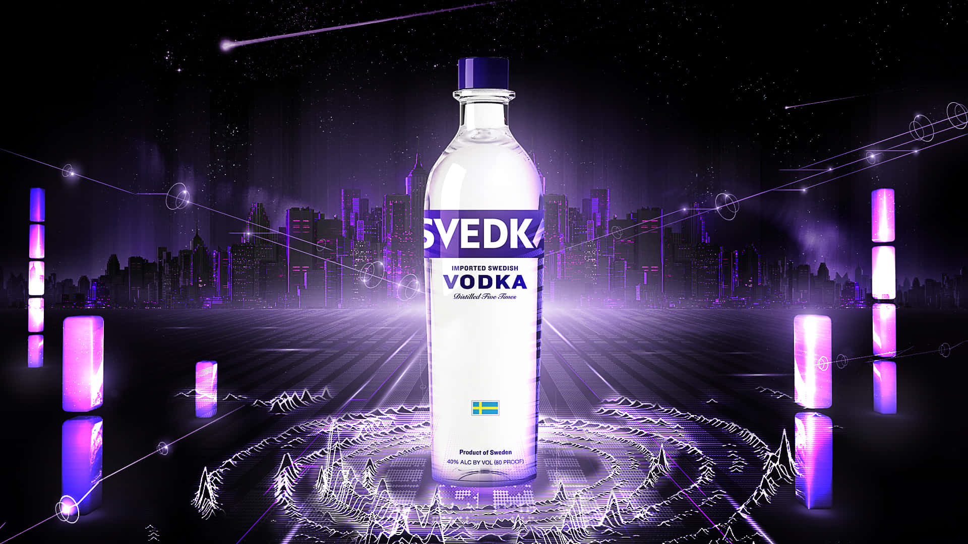 霓虹紫色未來城市景觀中的Svedka伏特加酒瓶