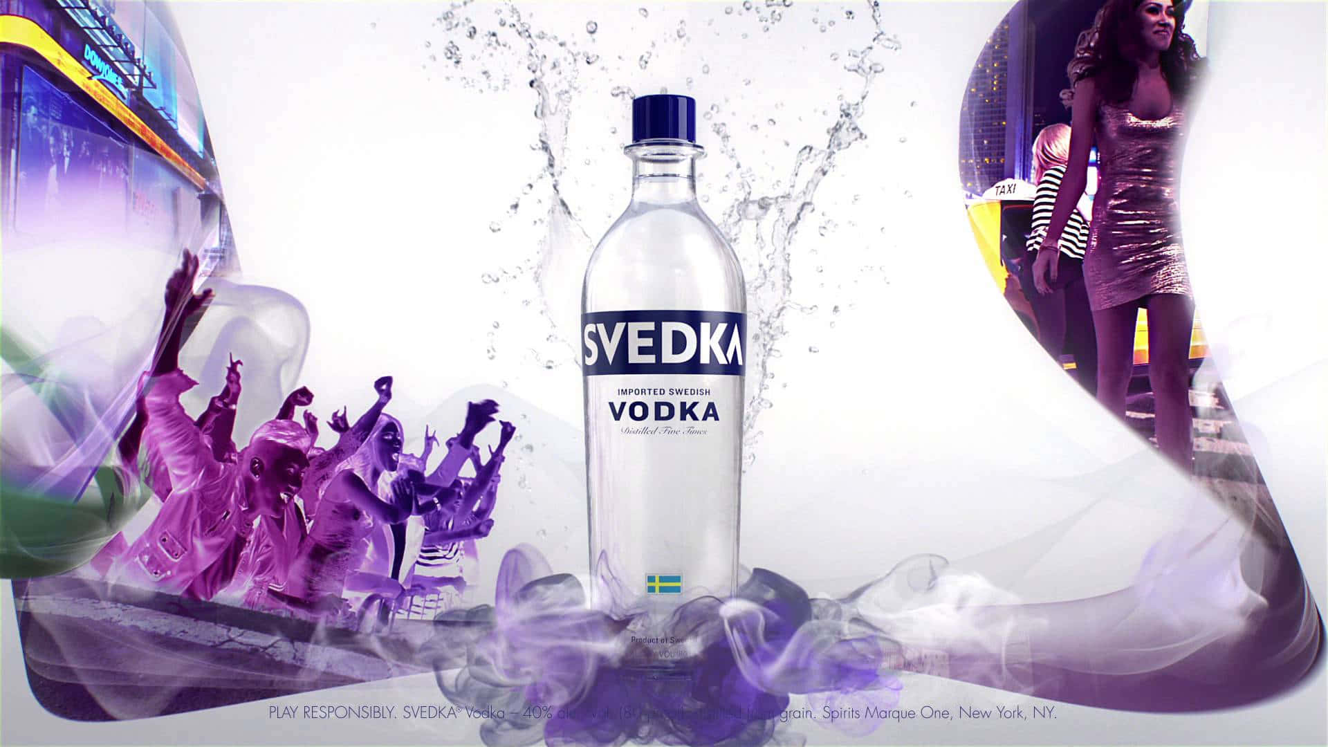 Svédka伏特加酒瓶被紫色液體和派對場景包圍。