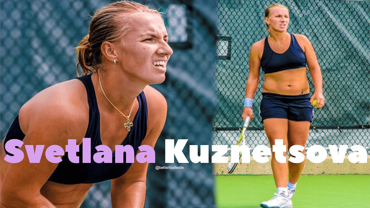 Svetlana Kuznetsova 訓練時雙圖拼貼 壁紙 — 網球運動員斯維特拉娜·庫茲涅佐娃在綠色球場上比賽時高度專注，背景為鐵絲網圍欄。
