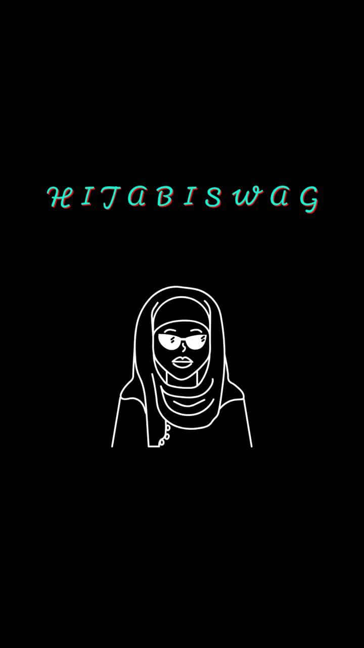 Swag iPhone：時尚與便利兼備 壁紙 — 一個戴著頭巾和太陽眼鏡的人物簡約白色線條畫，背景為黑色，帶有發光的青綠色文字。