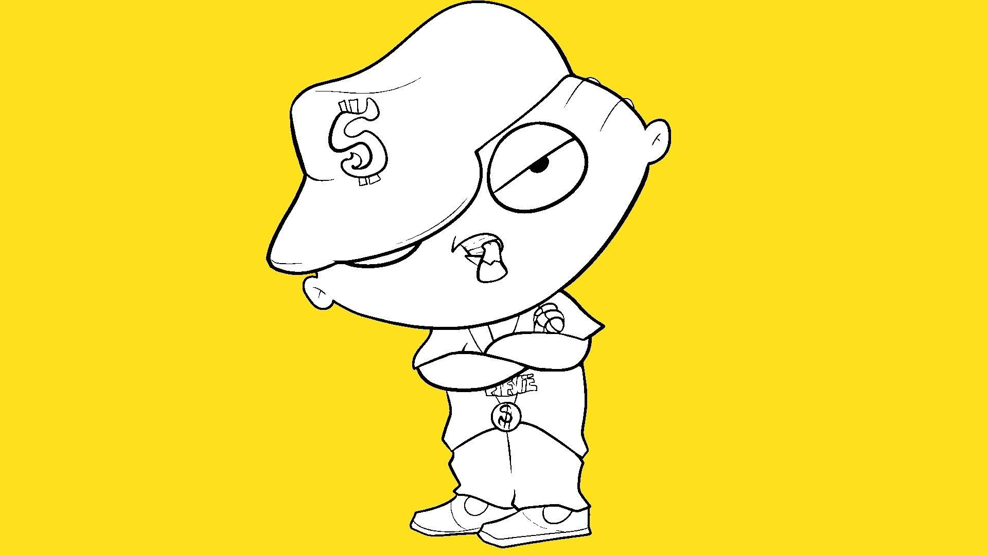 Swag Stewie Griffin 藝術 壁紙 — 一個卡通角色戴著美元符號的帽子和衣服，在明亮的黃色背景前自信地交叉雙臂站立。