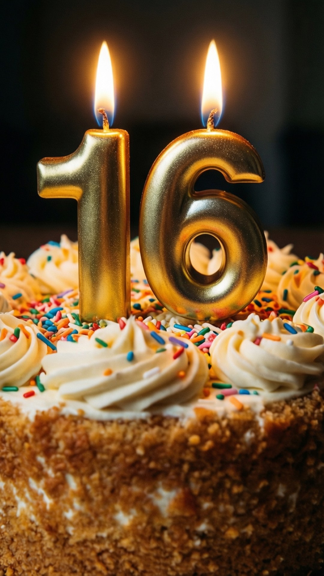 生日蛋糕，金色16字蠟燭點燃，白色糖霜上撒滿彩色糖粒。