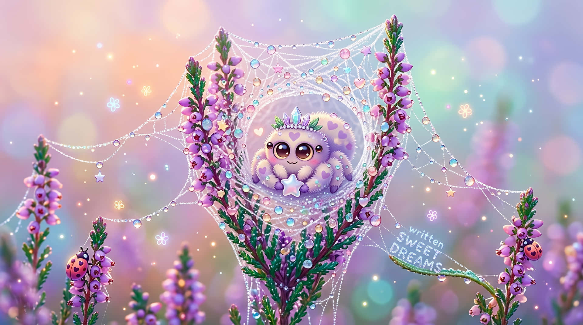 Sweet Dreams Kawaii Spider in Dewy Heather Web 壁紙 — 一隻可愛的毛茸茸生物，大眼睛，坐在閃閃發光的蜘蛛網中，網織在紫色石楠花之間，下方是夢幻的粉彩天空。