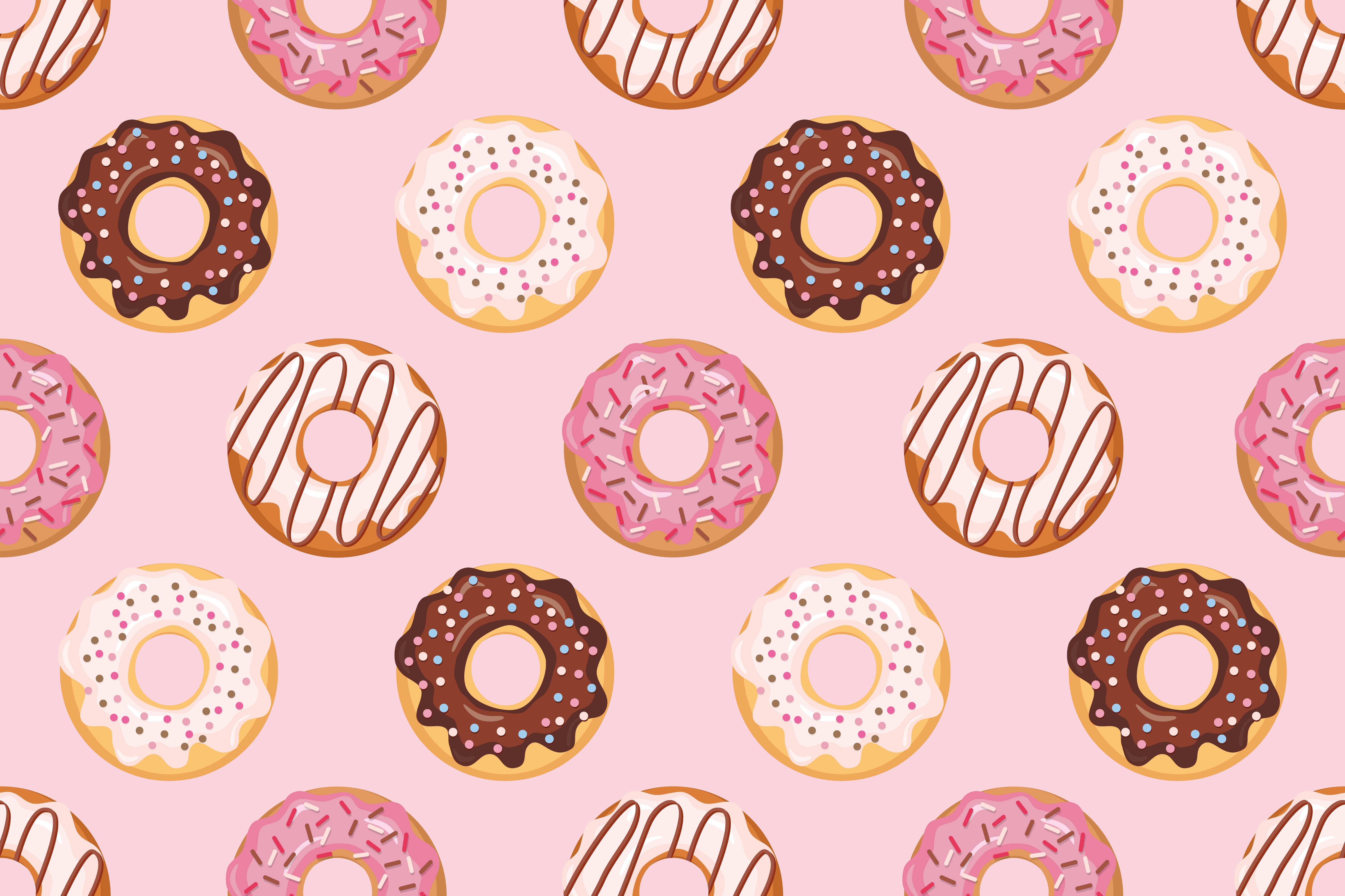 Cute Donut 桌布 壁紙 — 在柔和的粉紅色背景上，帶有朱古力糖霜、粉紅色糖粒和白色糖霜的彩色冬甩的甜美圖案。