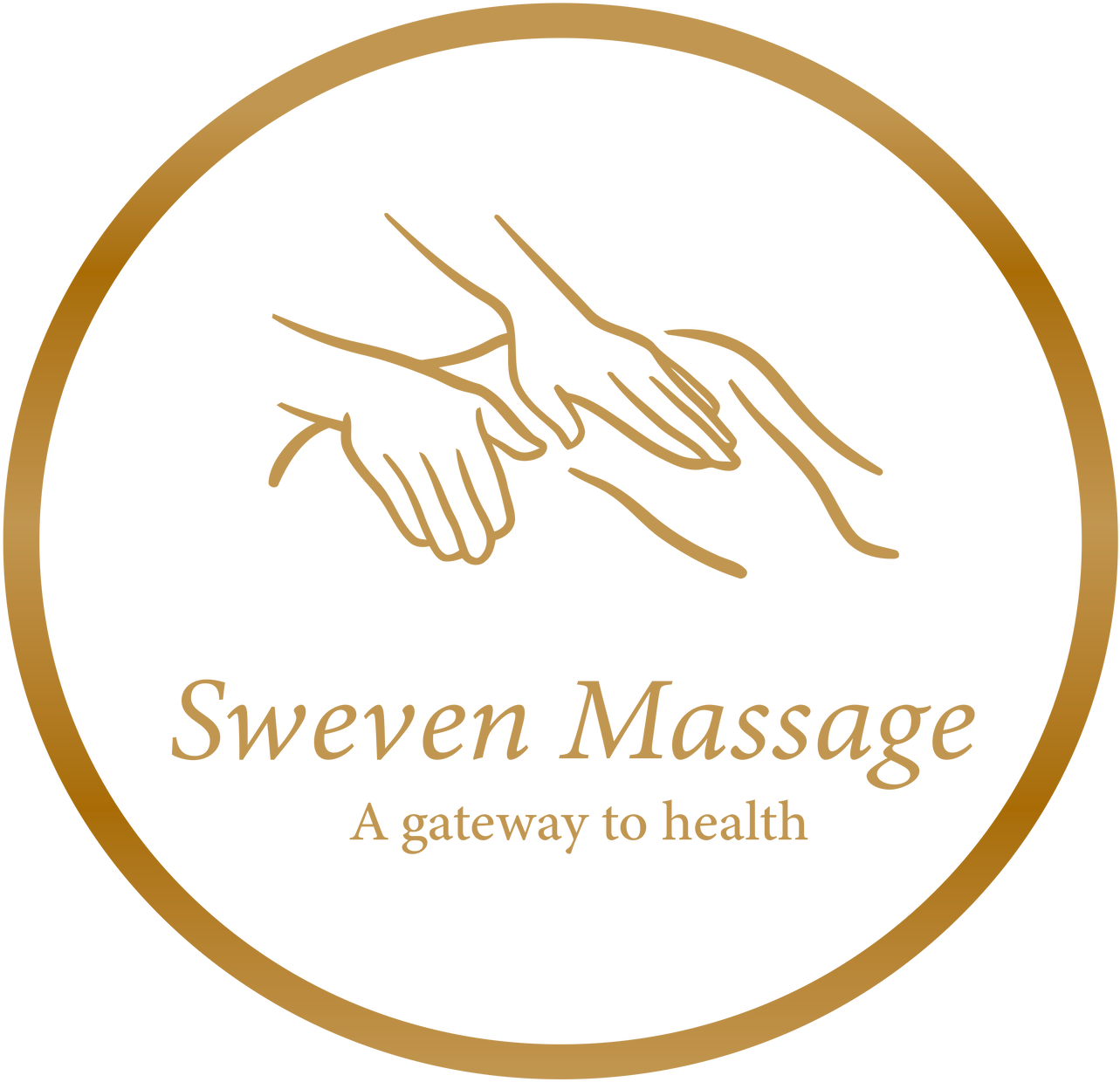 Swerven 按摩療法標誌設計 壁紙 — 金色線條藝術，在黑色背景上的圓形框架內按摩的手，配以優雅文字。