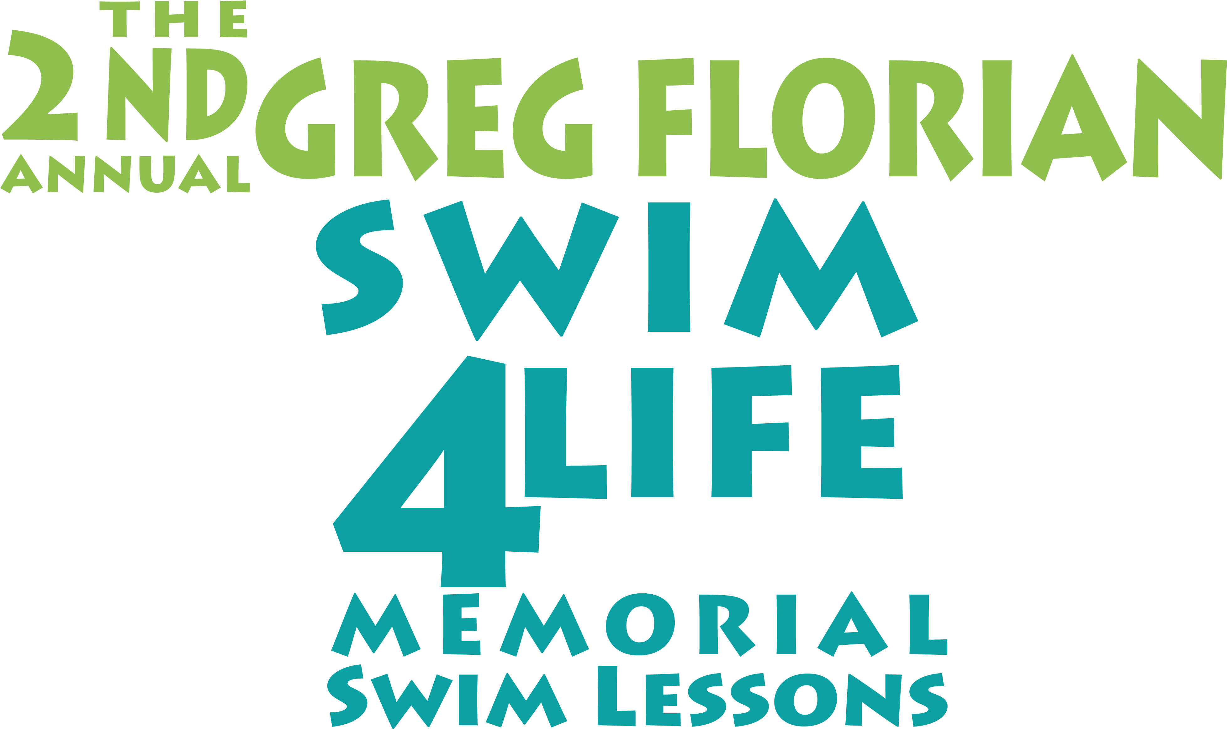 Swim4 A Life紀念活動海報 壁紙 — 大膽的綠色和藍綠色文字在純黑色背景上宣佈第二屆年度Greg Florian Swim 4 Life Memorial游泳課程。
